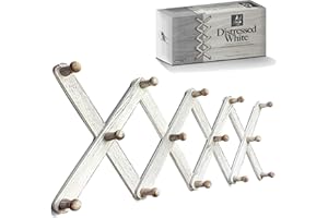 Mercurial Trade Expandable Wooden Coat Rack Hanger – Accordion Wall Mounted Pine Wood Hooks – Hand Made Vintage Expending Pegs – Hang Coat, Jacket, Hat, Leash, Towel, Mug, Bag – Distressed White