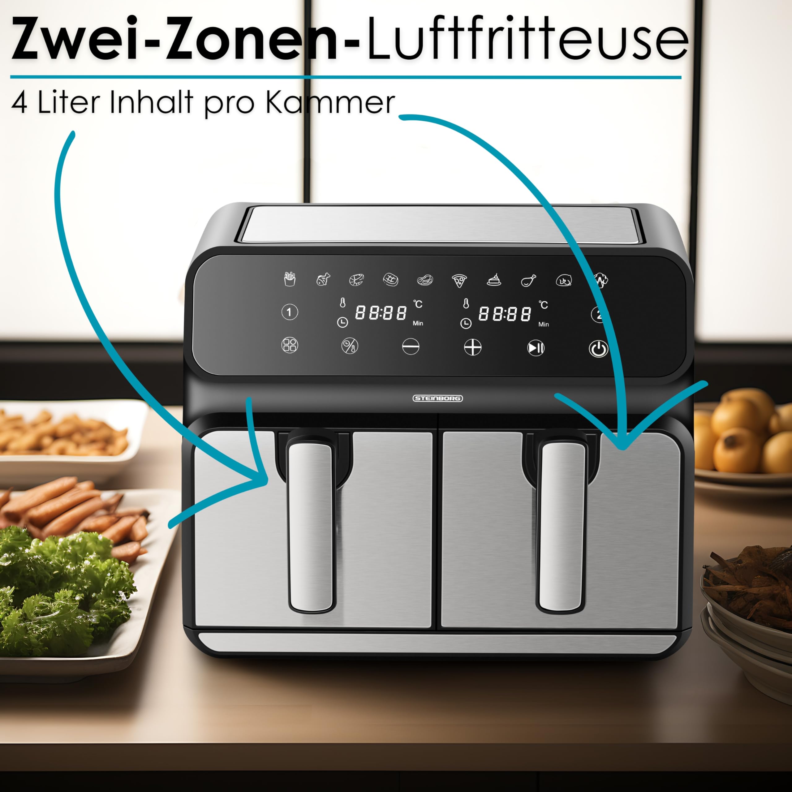Heißluftfritteuse | 2 Kammern | Heissluftfritteuse | 4 in 1 Mini Backofen | Fritteuse | Dörrautomat | Grillen Backen Dörren Frittieren | Friteuse ohne Öl | Air Fryer | Heißluftofen | Heißluftgrill 3