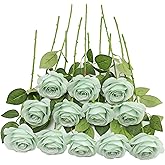JUSMAI 12pcs Roses Artificial Flowers Real Touch Fake Flowers with Long Stems Silk Flowers for Wedding Bouquet Centerpices Decorations Party Bridal Baby Shower Home Decor (Sage Green)