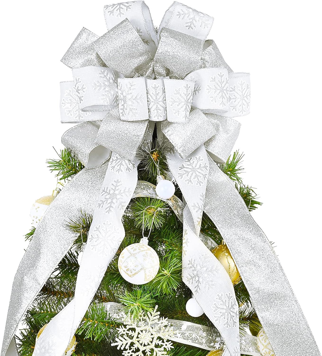 Tree Toppers - White Christmas Tree Topper, 40x13 Inches Toppers Bow with Glitter Satin Mesh Streamer and Patterned Ribbon, Christmas Tree Topper Bow for Christmas Home Decoration
