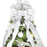 Christmas Tree Topper, 40x13 Inches Toppers Bow with Glitter Satin Mesh Streamer and Patterned Ribbon, Christmas Tree Topper Bow for Christmas Home Decoration (White)