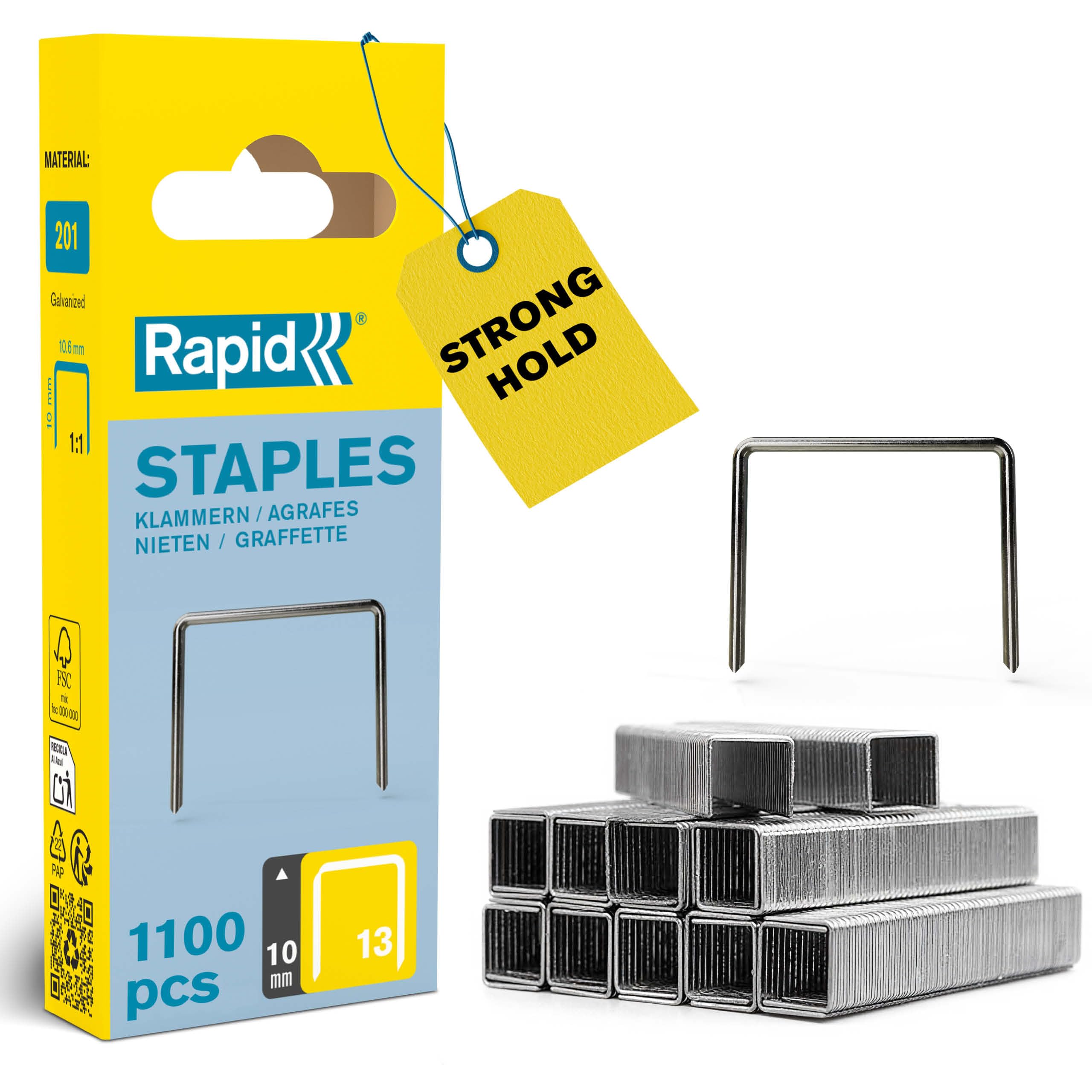 Rapid High-Performance Staples for Textiles, Finewire No. 13, Leg Length 10mm, Staple Gun Staples, Galvanised Steel, 1100 Pieces, Narrow Blister (40109521)