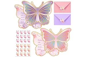 Hedeey 24 Sets Butterfly Birthday Invitations Girl with Envelopes and Stickers, Baby Shower Invitations for Girl, Butterfly Birthday Party Invitation Cards for Kids Party Supplies Favors (Butterfly)