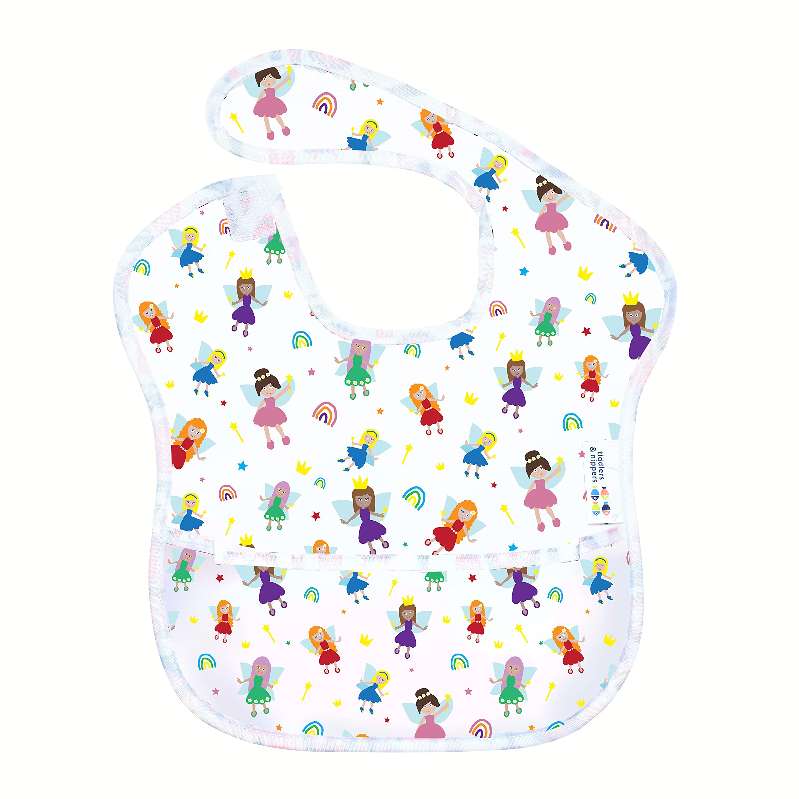 tiddler easy-bib | For 6-36 months | Waterproof & Wipe Clean | Integrated Spill Catch Pocket & Easy-Fit Adjustable Fasten | Lightweight & Machine Washable (1x Fabulous Fairies)