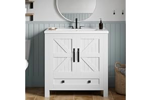 YITAHOME 30" Farmhouse Bathroom Vanity with Sink Combo, Small Space Bathroom Storage Cabinet with Large Drawer, 2 Soft-Closing Wood Barn Doors with Built-in Shelves, White