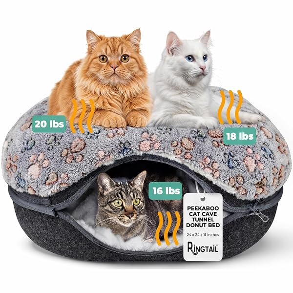 RINGTAIL PEEKABOO CAT CAVE DONUT FOR MULTIPLE & LARGE CATS UP TO 30-45 LB, 3-IN-1 SELF WARMING CAT BED TUNNEL WITH 2 SOFT FLUFFY FLEECE PET BLANKETS, SCRATCH, DETACHABLE & WASHABLE (DARK GRAY, LARGE)