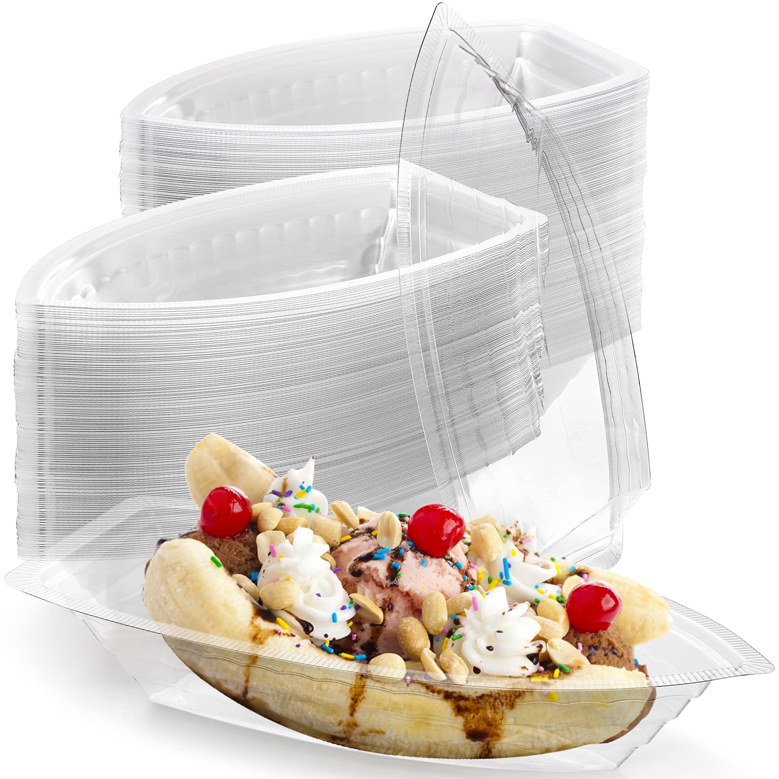 Photo 1 of ZEAYEA 120 Pack Banana Split Boat Plate, 12 oz Disposable Plastic Food Boats, Food Grade Ice Cream Sundae Serving Bowls for Snack, Salad, Chip, Dessert Bowls for Party, Restaurants, Home