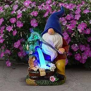 Voveexy Garden Gnome Statue, Solar Powered Garden Figurine Outdoor Decoration with Blue Light Resin Garden Sculpture for Patio Lawn Yard Art Ornament Christmas Housewarming Gift, 6.3x5.5x10.6Inch