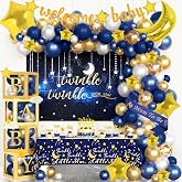 162 PCs Twinkle Twinkle Little Star Baby Shower Decorations, Hombae Navy Blue Little Star Baby Shower Backdrop Balloon Garland Glitter Banner Tablecloth Cake Cupcake Topper Box Cutout Mom To Be Sash