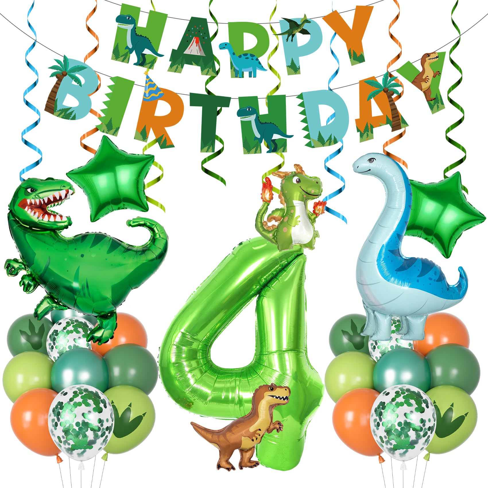 Amandir Dinosaur 4th Birthday Party Decorations for Boys Girls, Foil Green Star Number 4 Dinosaur Balloons with Happy Birthday Banner Hanging Swirls for Dino Baby Shower Kids Party Supplies