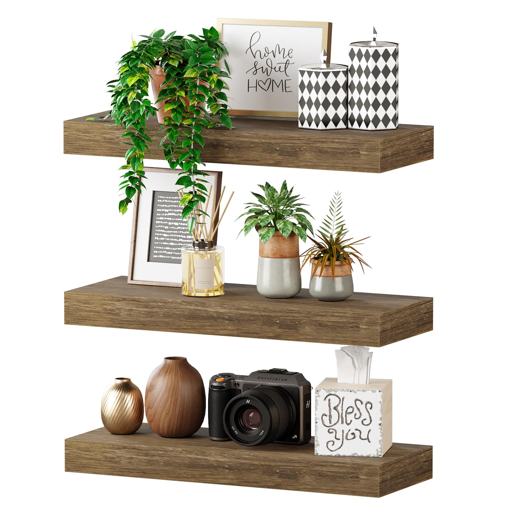 BAMEOS Floating Shelves, 16x6 Wall Mounted Wooden Shelves with Invisible Brackets Set of 3, Hanging Wall Shelves Decoration for Bedroom, Bathroom, Living Room and Kitchen