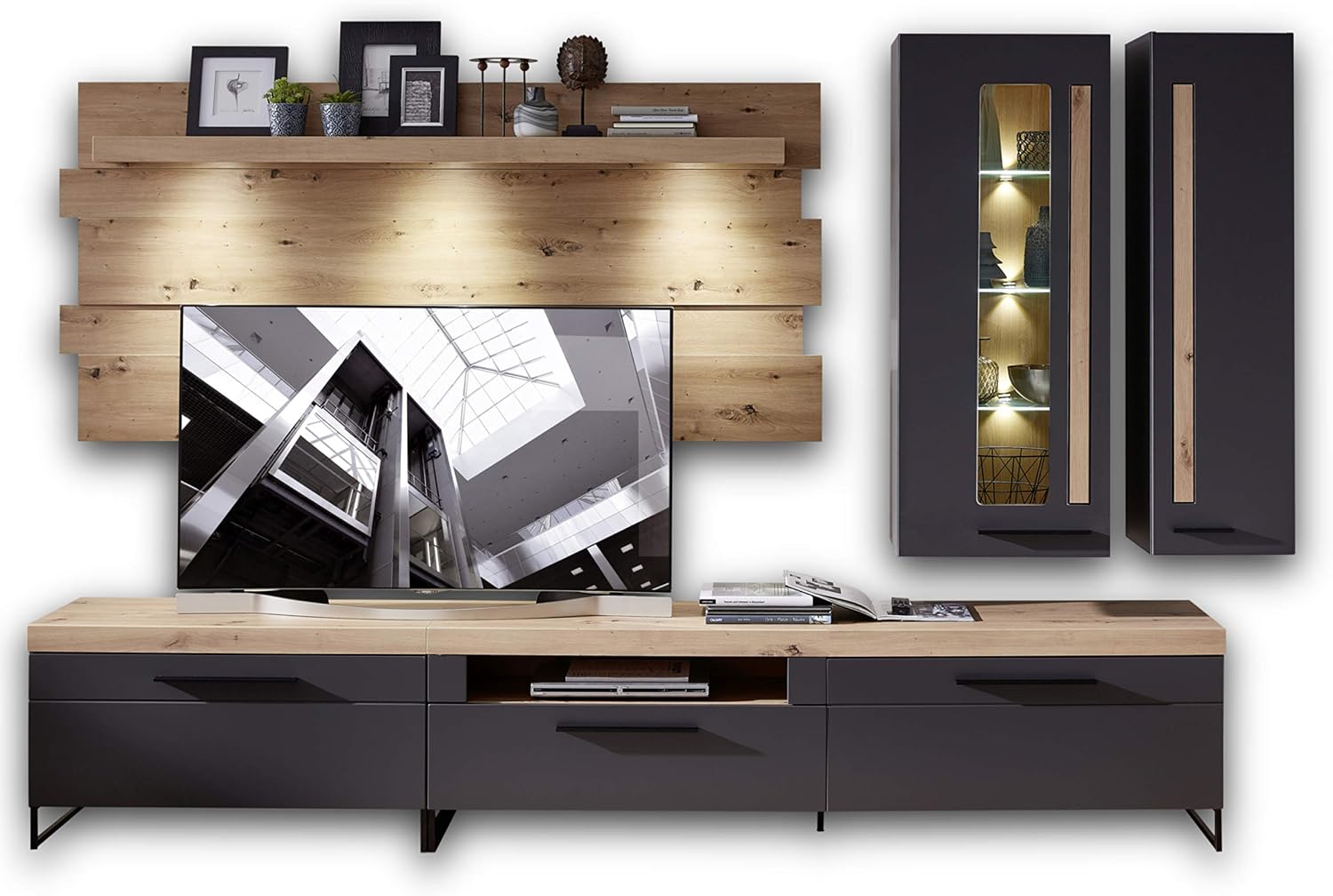 Stella Trading SONOS Wohnwand-Set Aus Artisan Eiche – 360 Cm Breit, 203 Cm Hoch, 43 Cm Tief, Mit LED-Beleuchtung & Metallgriffen