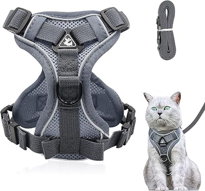 Grantop Cat Harness and Lead Set Adjustable Reflective Escape-Proof Grey S