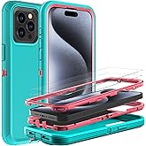 YKHJKLEC for iPhone 15 Pro Case, Military Grade 3 in 1 Heavy Duty Shockproof/Drop Proof/Dust Proof Case with 2Pcs Tempered Glass Screen Protector (Aqua Blue/Pink)