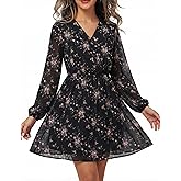 DERAX Women's Boho Floral Mini Dresses Fall V Neck Chiffon Long Peasant Sleeves 2026 Spring Short Dress