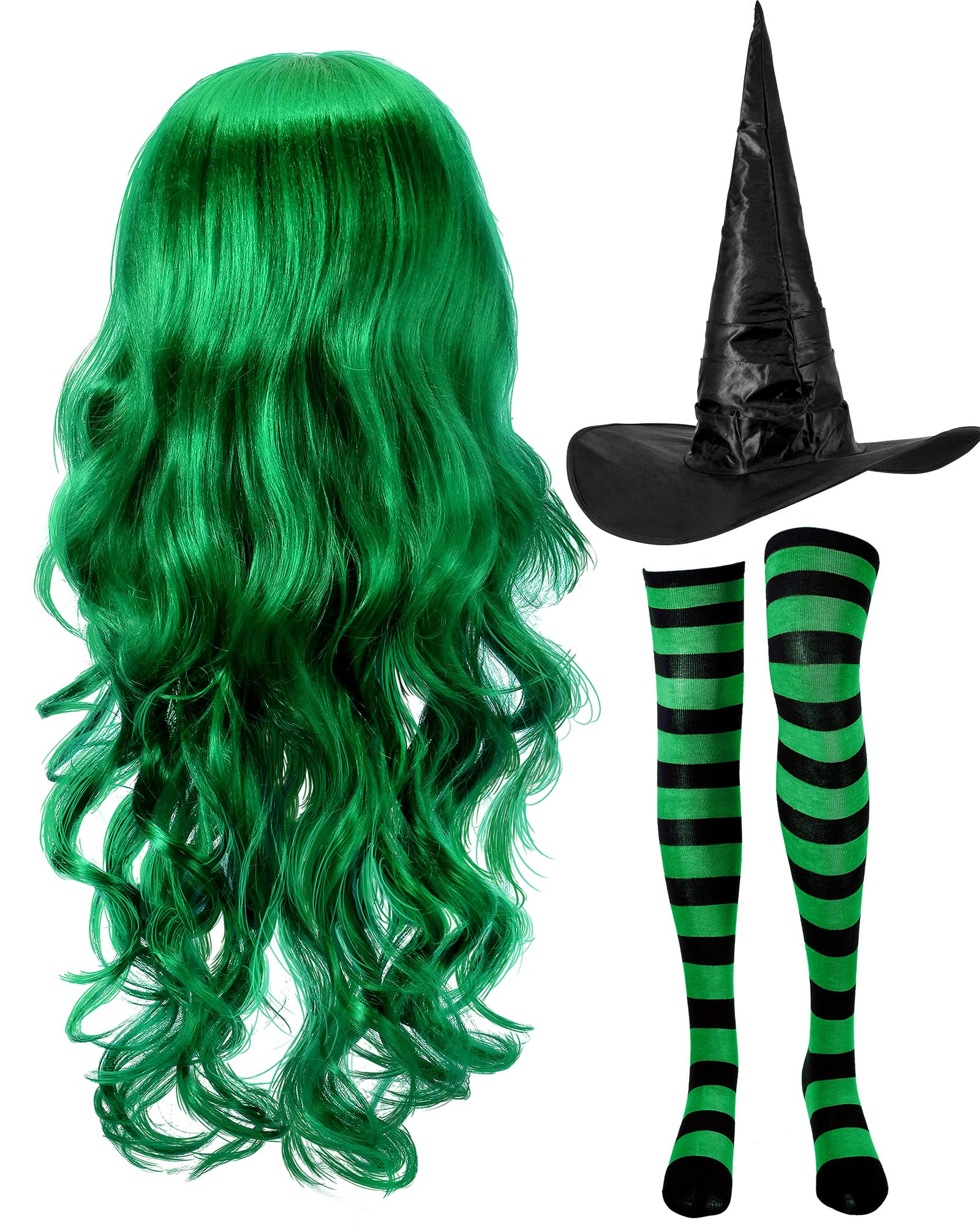 Photo 1 of Janinka Halloween Witch Costume Set for Woman, Wig, Witch Hat, Socks (Black, Dark Green)