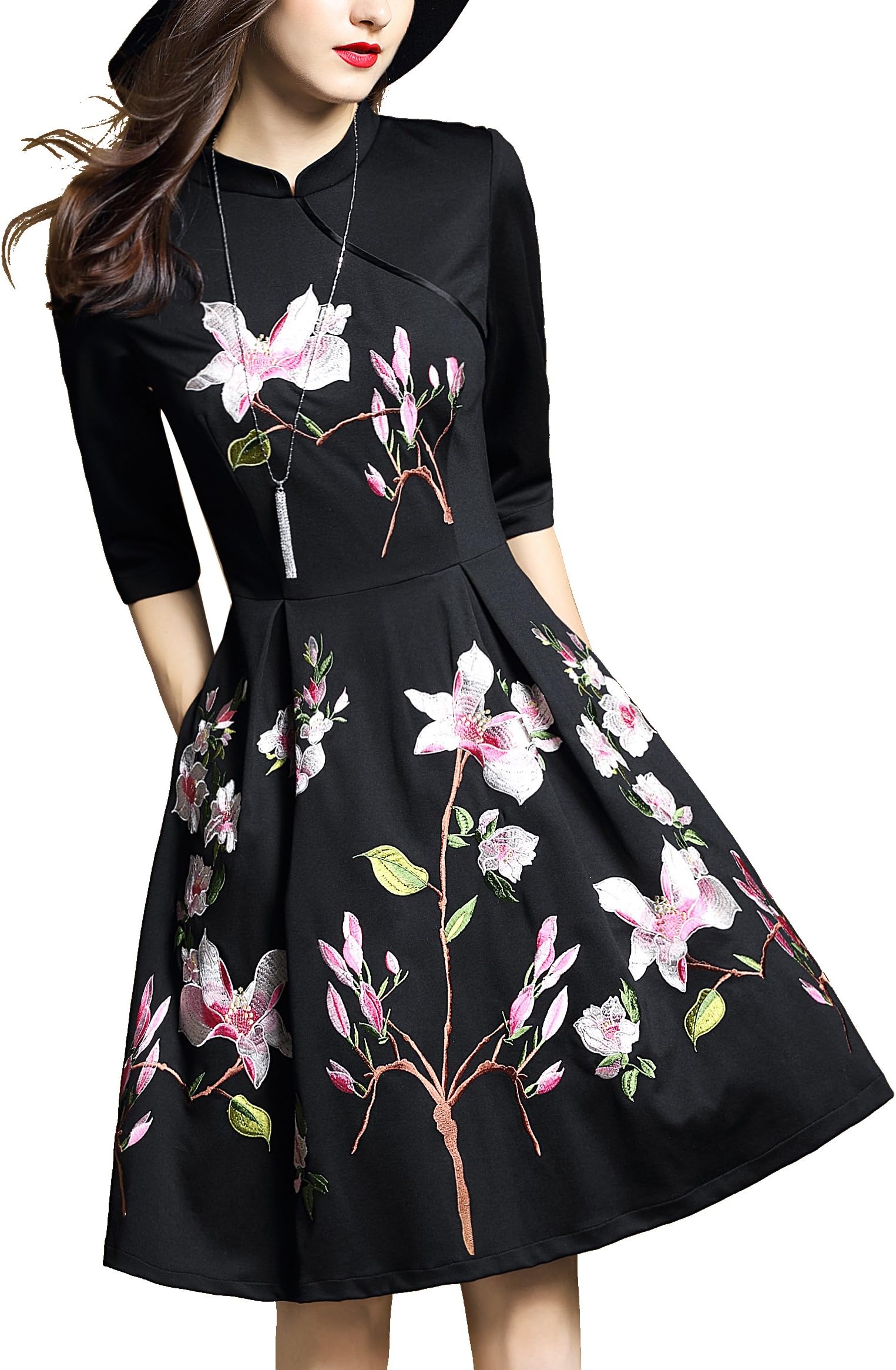 DanMunier Women's 3/4 Sleeve Embroidery A-Line Cheongsam Qipao Dress #7710