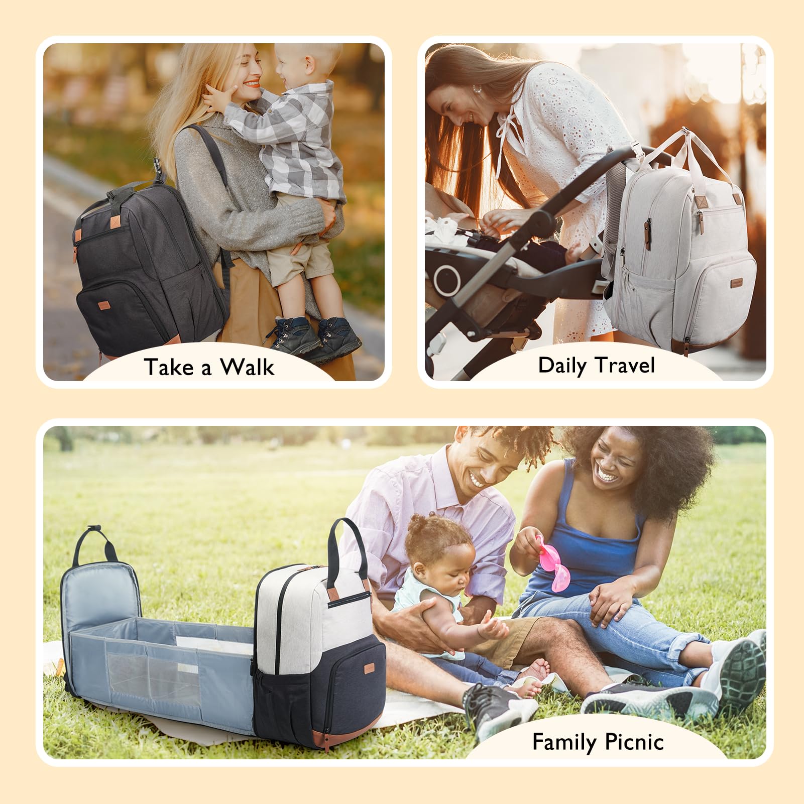 mommore Diaper Bag Backpack with Changing Station Large Travel Diaper Bags Unisex Baby Bag with Changing Pad, Stroller Straps