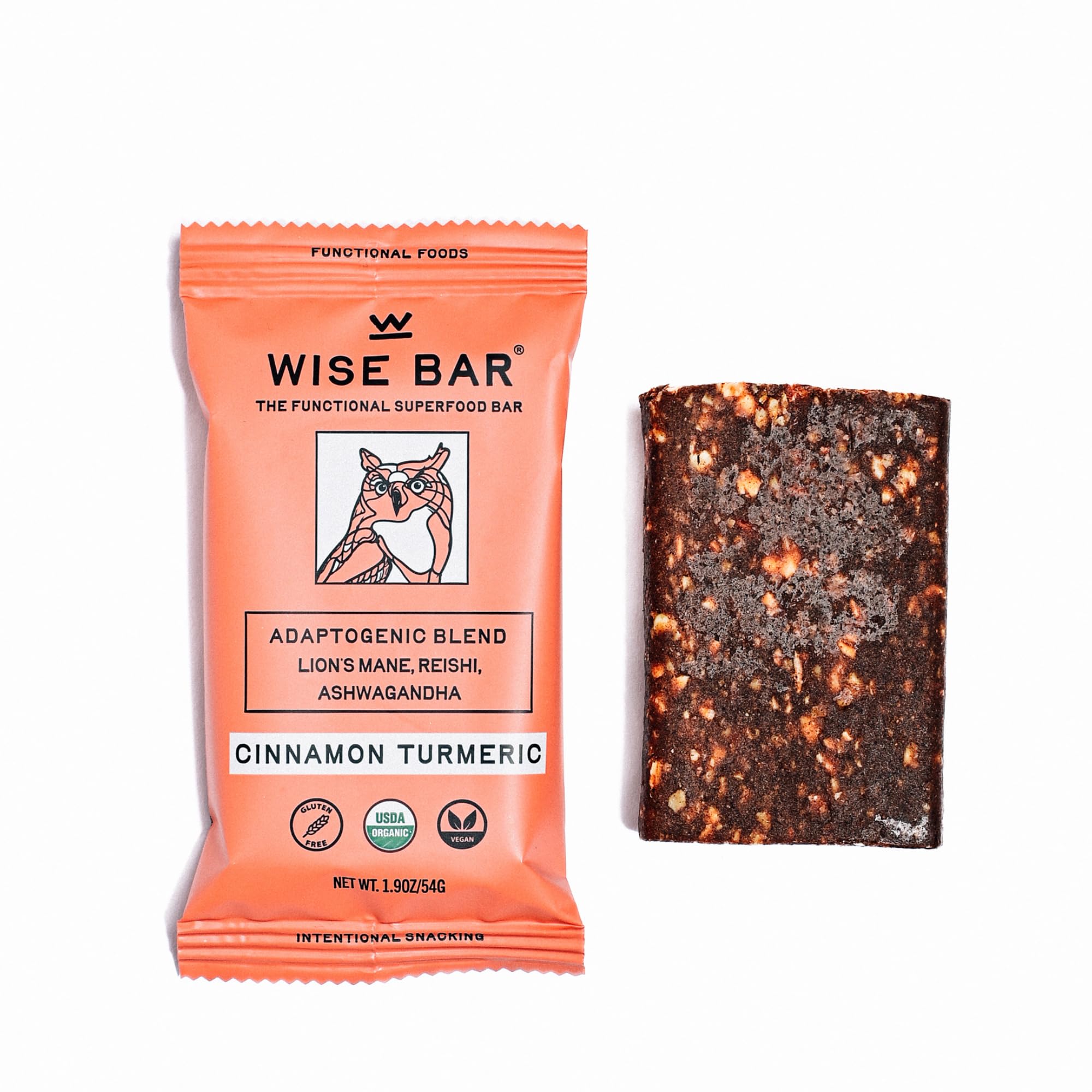 WISE BAR Adaptogen Mushroom Nutrition Bars with Reishi, Lions Mane & Ashwagandha, Organic Vegan & Gluten Free Snacks for Natural Focus, Energy & Immunity Support, Cinnamon Turmeric Flavor, 12 Count