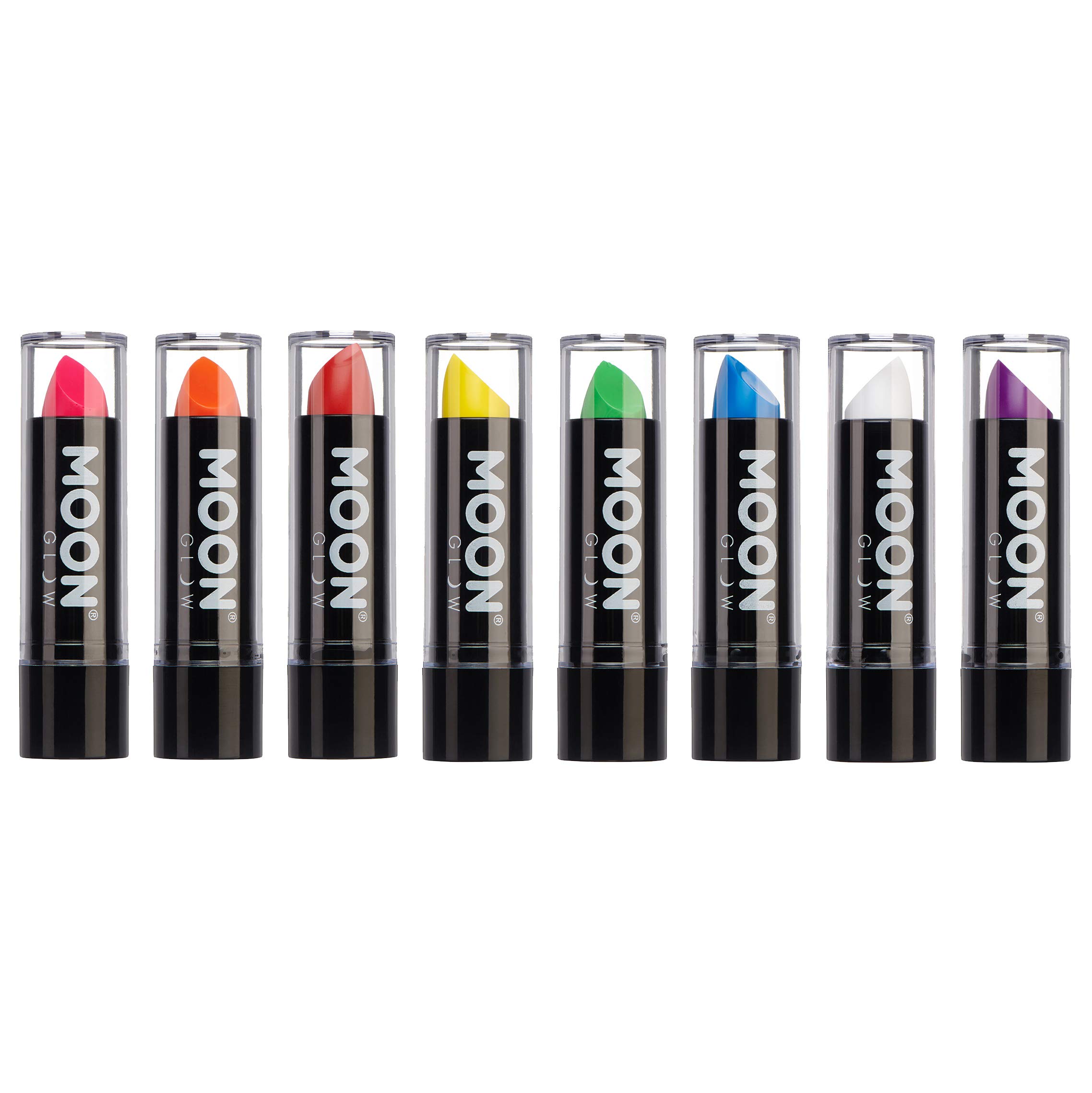 Neon UV Lipstick by Moon Glow - Intense set of 8 colours - Bright Neon Coloured Lipstick - Glows under UV