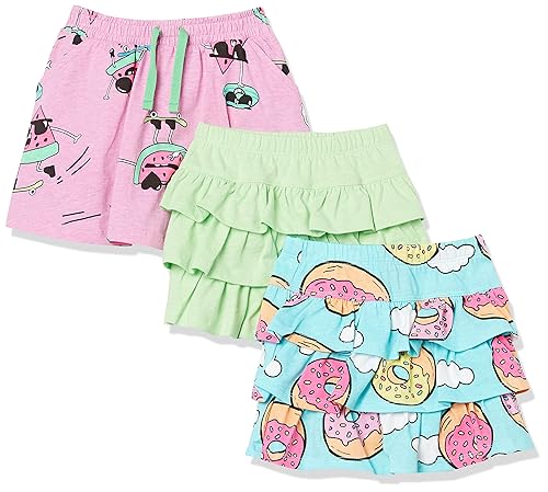 Amazon Essentials Girls' Knitted Ruffle Scooter Skirts (Previously Spotted Zebra), Pack of 3, Blue Donut/Mint Green/Pink Fruit, X-Large