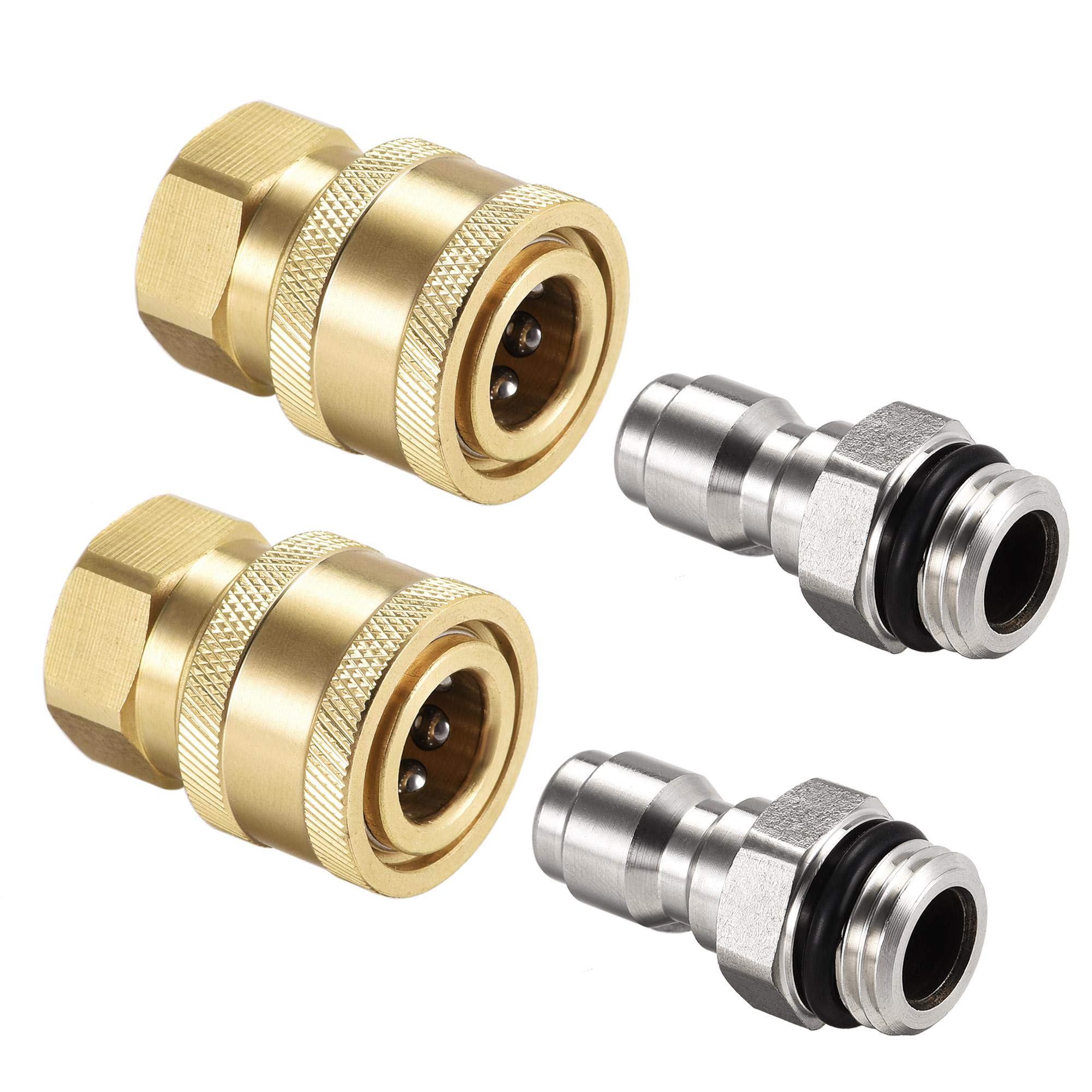 sourcing map Garden Hose Brass Quick Connect Set M14x1.5 Male & Female Thread Stainless Steel Fittings Water Hose Connectors Pressure Washer Adapter, 2 Sets