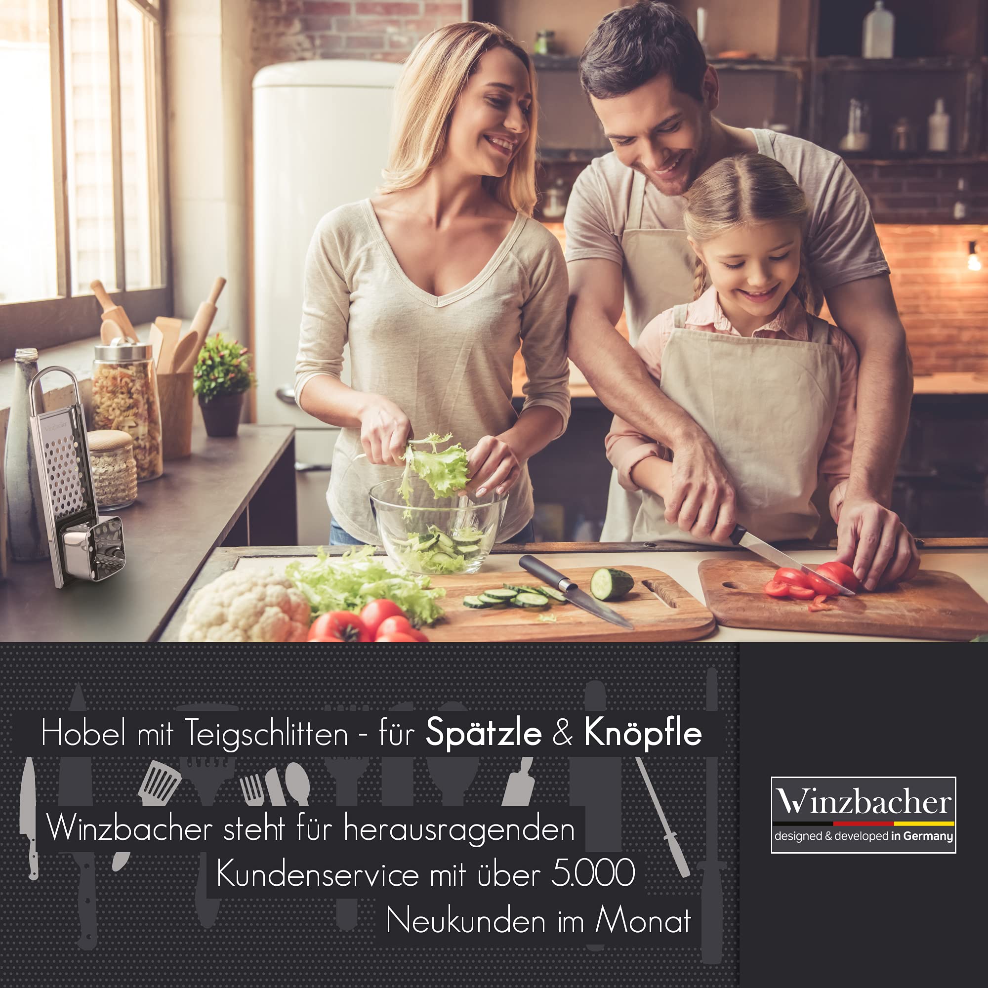 Winzbacher Edelstahl Spätzlehobel mit Teigschlitten [Topf Ø von 16-30cm] Spülmaschinenfest | Rostfrei | Spätzlereibe, Spätzlesieb, Spätzlepresse | für Spätzle & Knöpfle 7