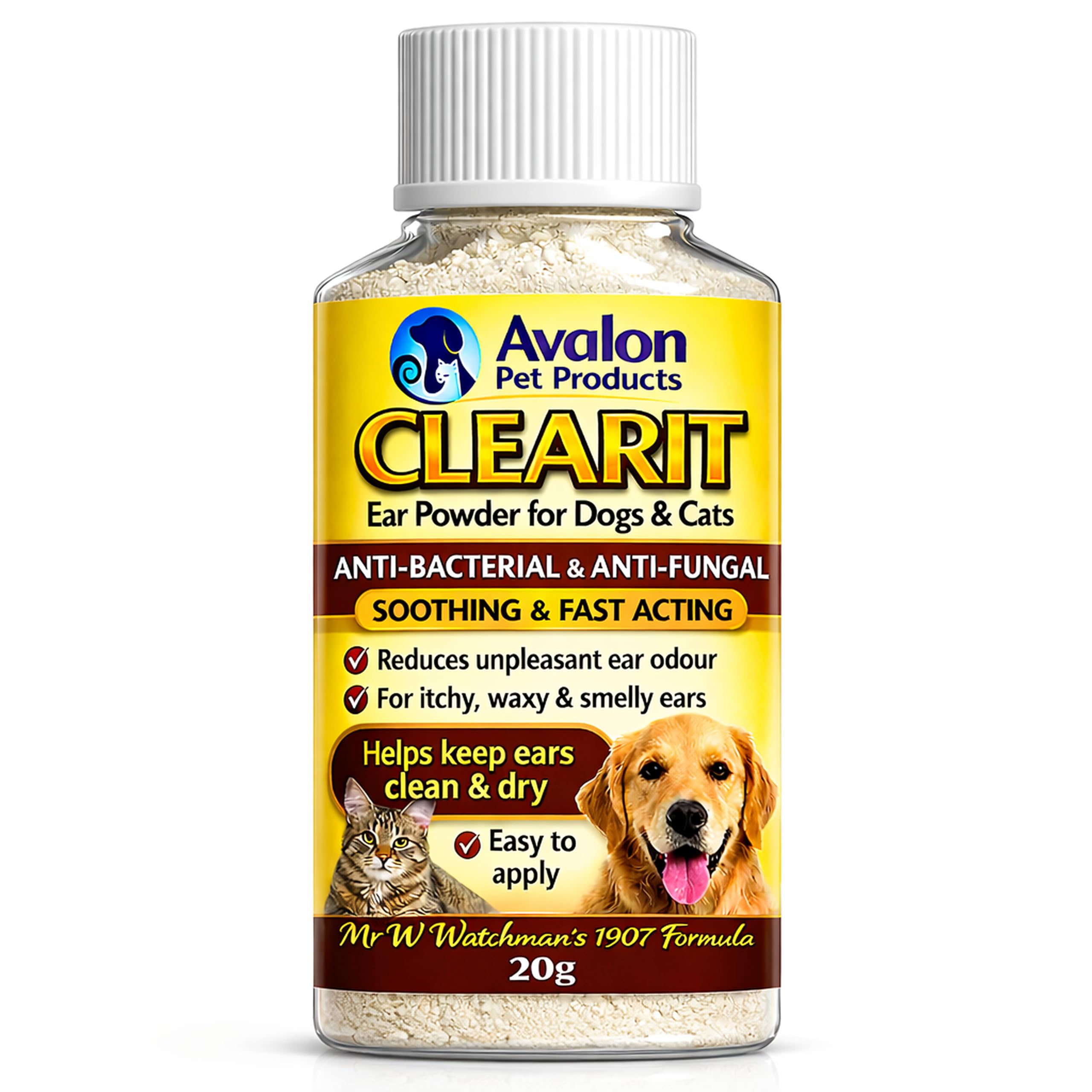 Avalon Pet Products CLEARIT 20G Ear Powder for Dogs & Cats – Anti Bacterial & Anti Fungal Powder – Supports Yeast Control, Itching, Wax Build-Up & Odour - Helps Keep Ears Dry, Fresh & Comfortable – — image 1