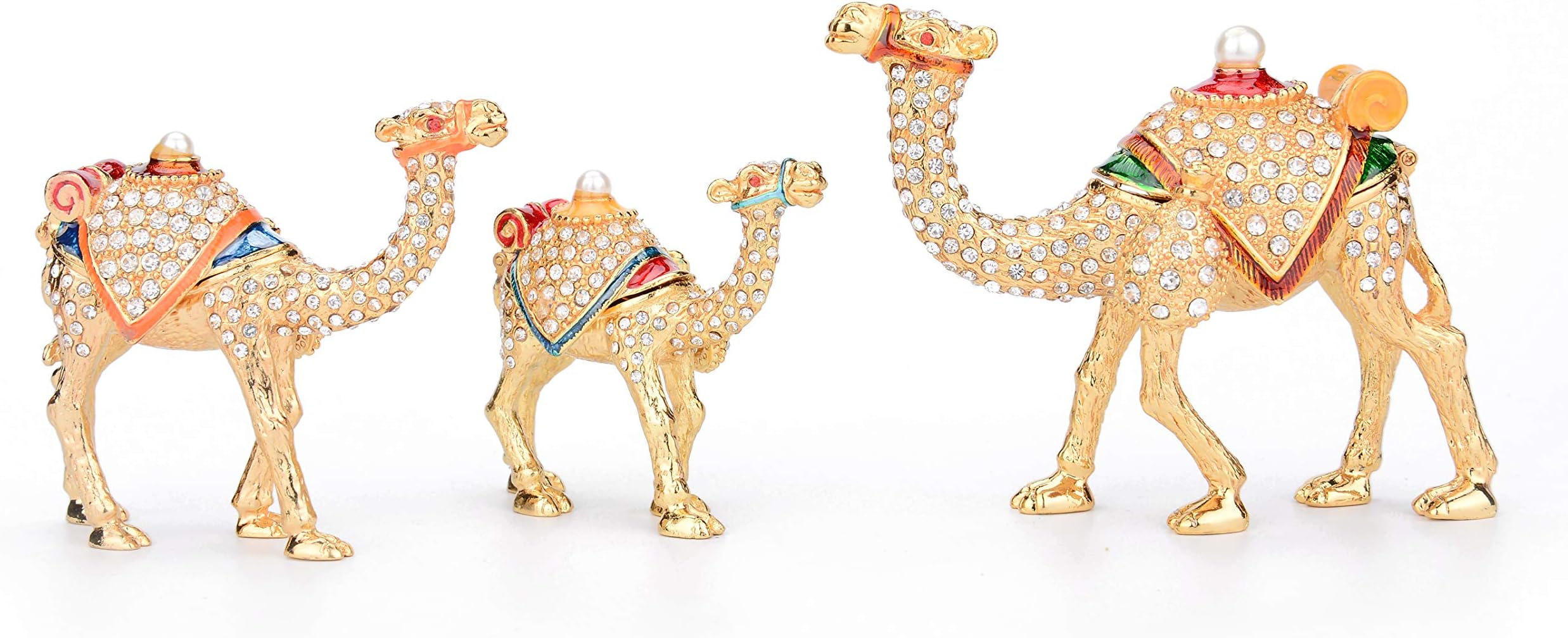 FuruidaA Family of Three Gold Camels Enameled Jewelry Trinket Box with Hinged Classic Animal Ornaments Luxurious Gift for Home Decor