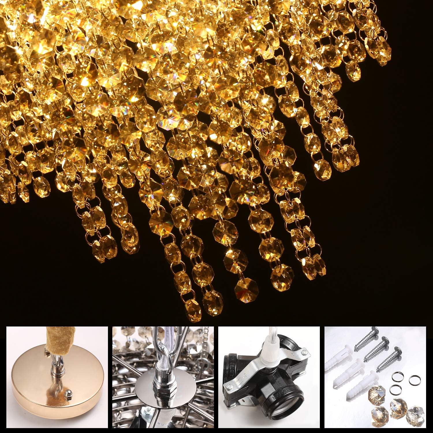 Modern Crystal Chandelier K9 Crystal Lighting Fixture Pendant Chandelier for Dining Room Bedroom Living Room 3 E26 LED Bulbs (Champagne Gold)…: Home Improvement