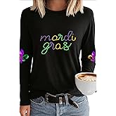 Mardi Shirt for Women Glitter Mask Graphic Carnival New Orleans Party T-Shirt Long Sleeve Tee Top