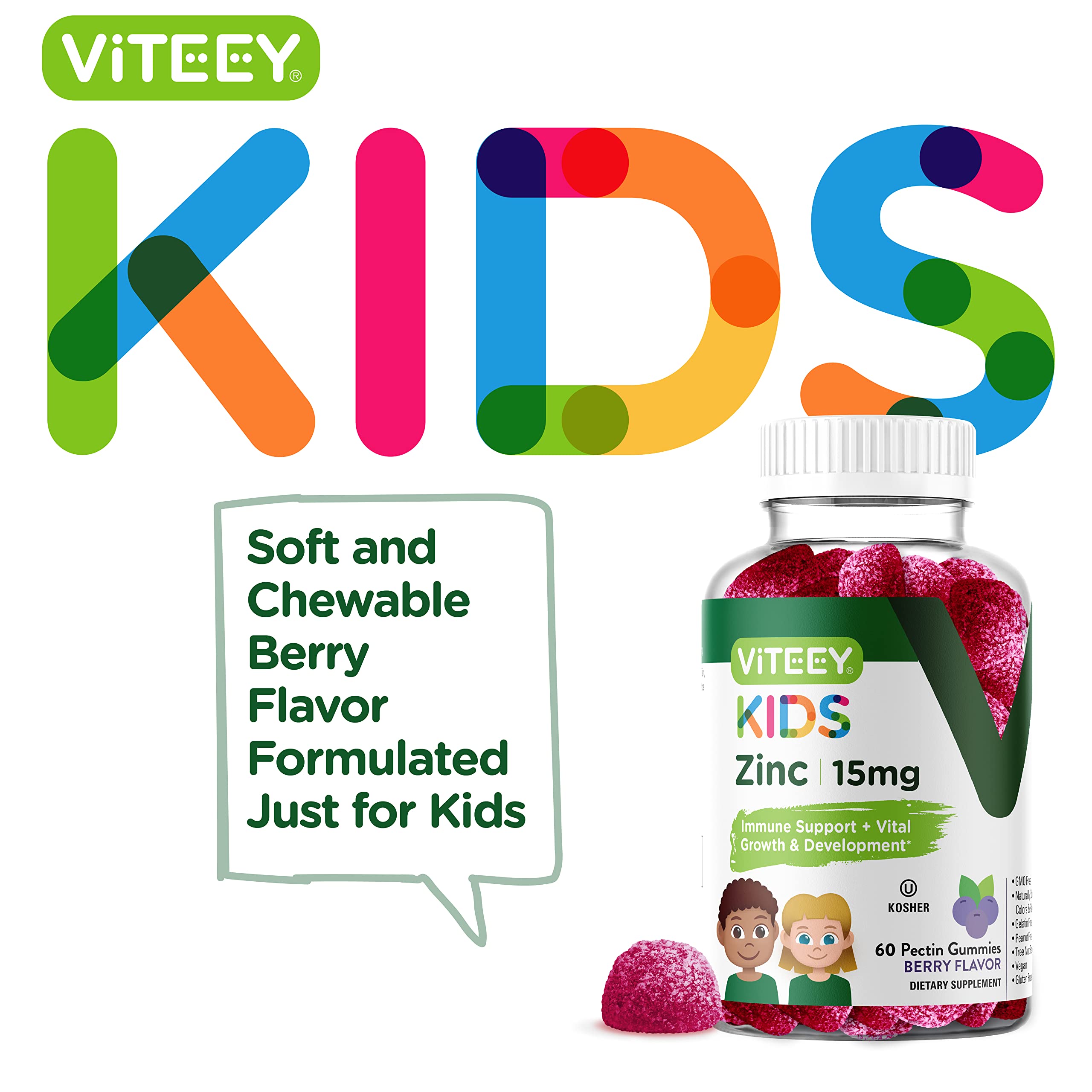 Viteey Zinc for Kids Gummies, 15mg - Immune Support - Powerful Natural Antioxidant, Kids Zinc Vitamin Supplement - Vegan, Gelatin Free, Gluten Free - Tasty Chewable Berry Flavor Gummy