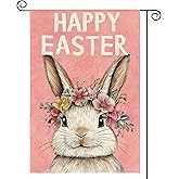AVOIN colorlife Happy Easter Bunny Garden Flag 12x18 Inch Double Sided Outside, Pink Rustic Holiday Yard Outdoor Flag