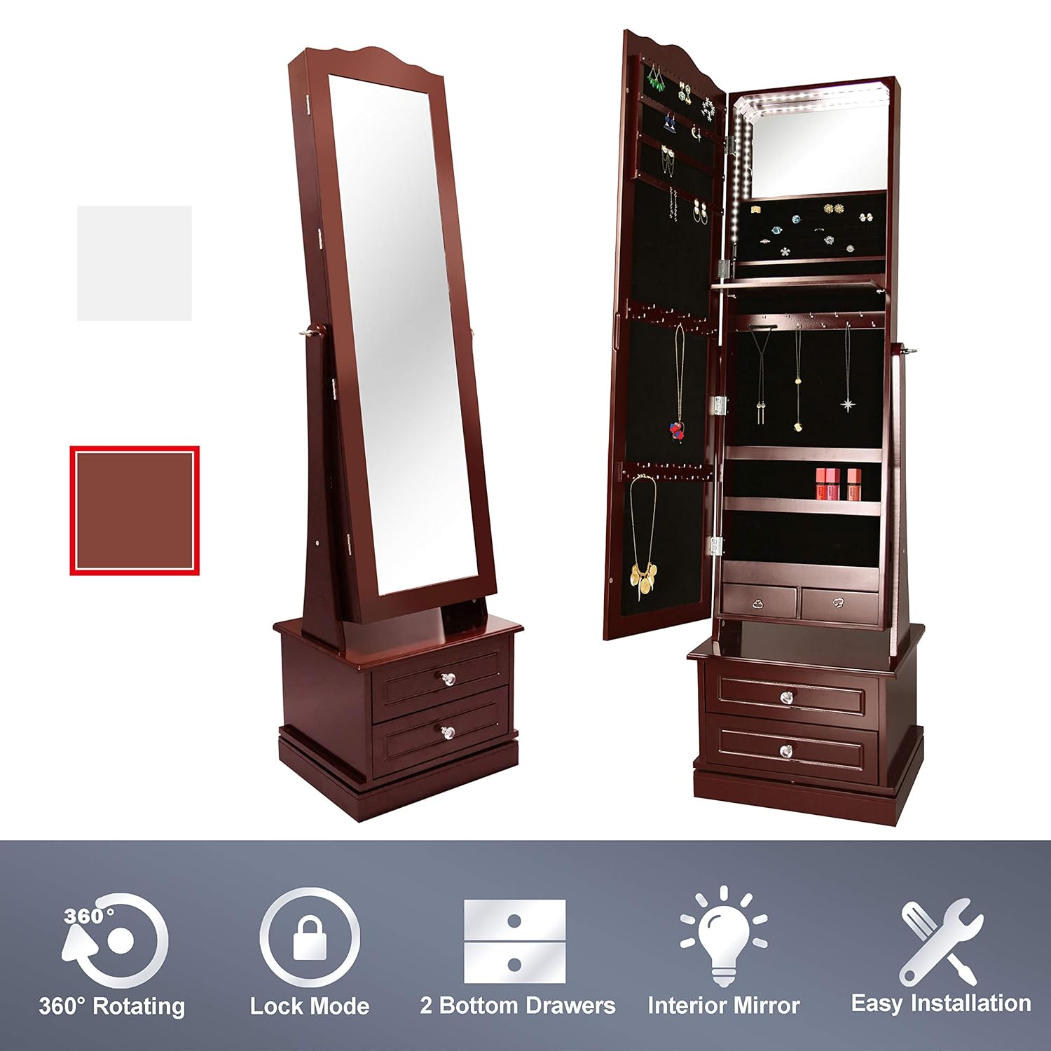 Luxury Stand Jewelry Armoire Set,72 LED Jewelry with 2 Drawers Rotating Base