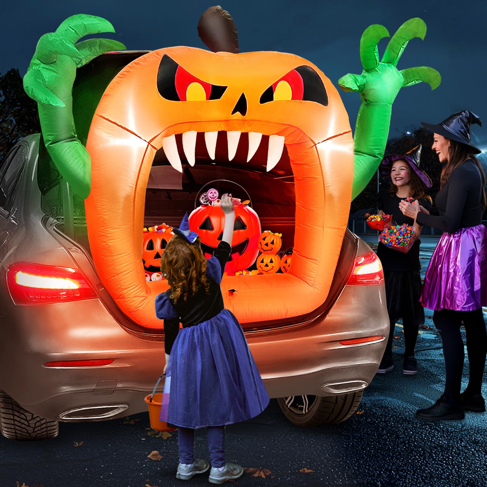 Photo 1 of 4 FT Halloween Inflatable Outdoor Decorations, Trunk Or Treat Car Decoration, Halloween Blow Ups with Built-in LEDs, Inflatable Pumpkin Decoration for Outside