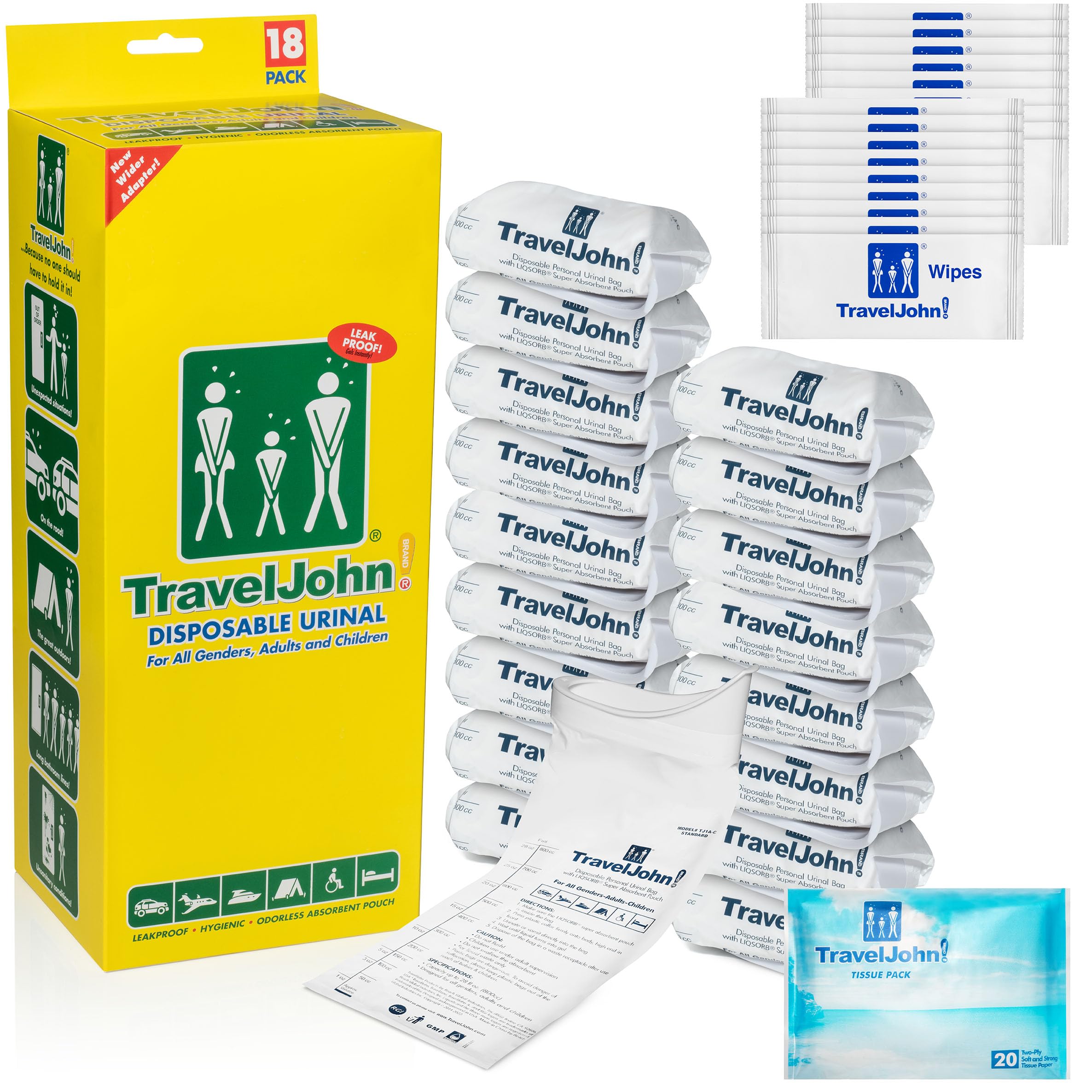 Photo 1 of TravelJohn Disposable Urinal for All Genders, Adults, and Children (18 Pack) Designed for Emergencies, Travel, Camping, Car Rides, and more (TJ1A-C)
