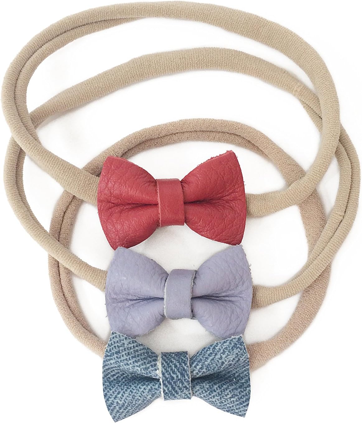 Indie Bow Co Handmade Genuine Leather Micro Mini Bow Headbands Set of 3 in Lavender, Denim, Red