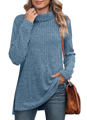 WIHOLL Womens Tunic Tops Turtleneck Long Sleeve Side Split High