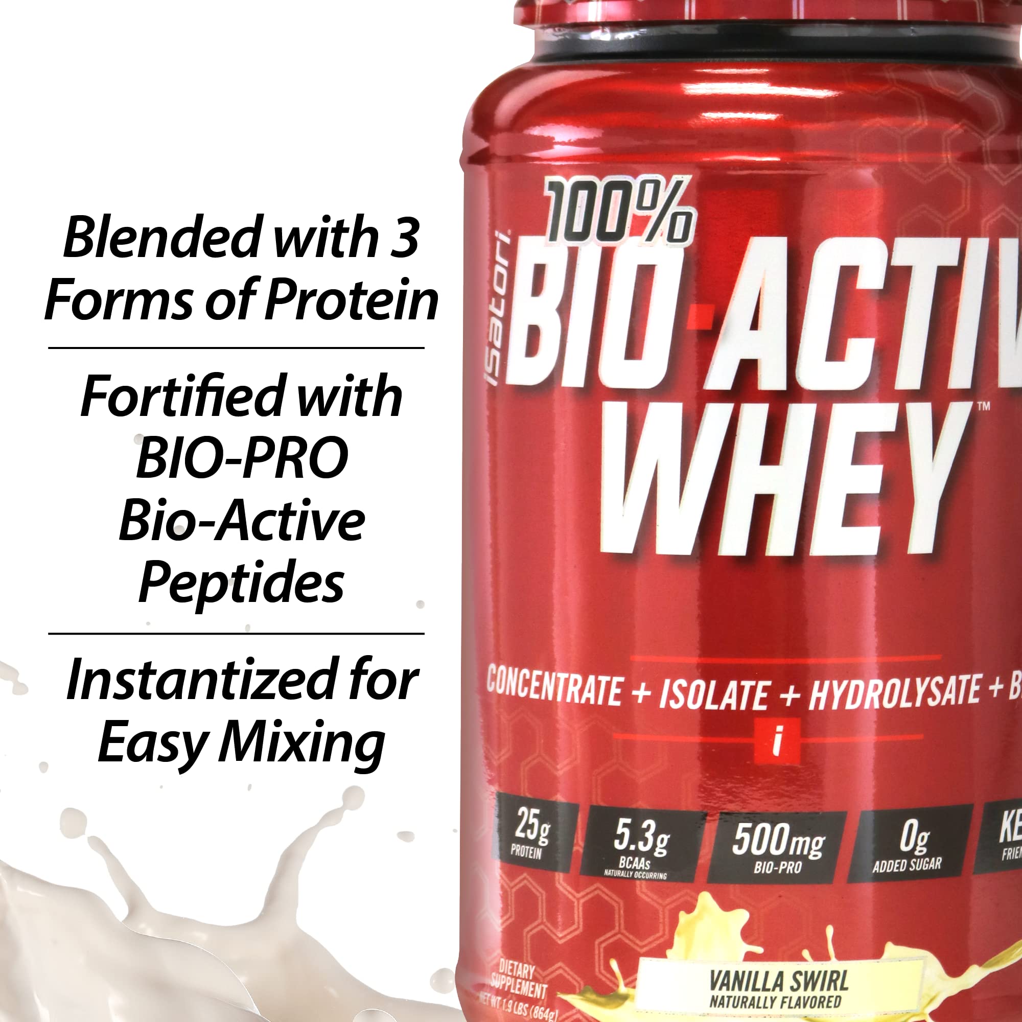iSatori 100% Bio-Active Whey Protein Powder, Muscle Growth & Recovery with Whey Isolate, Hydrolysate, Concentrate, BCAAs & Colostrum Peptides, 25g of Protein Per Serving - Vanilla Swirl (26 Servings)