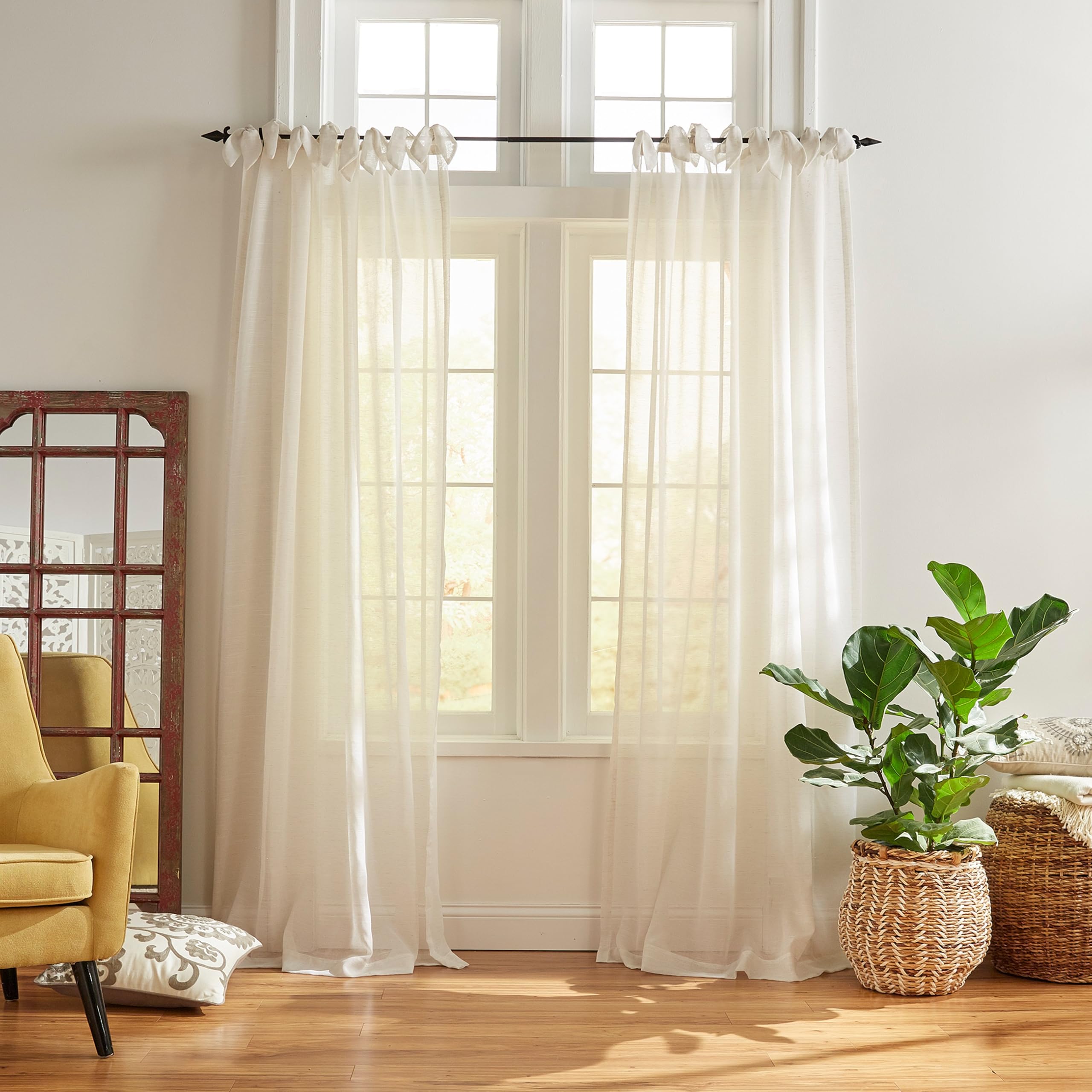 Elrene Home Fashions Sheer Tie-Top Window-Curtain Panel, Poly-Linen Blend, Off White, 52" W x 95" L (Pack of 1) — image 1