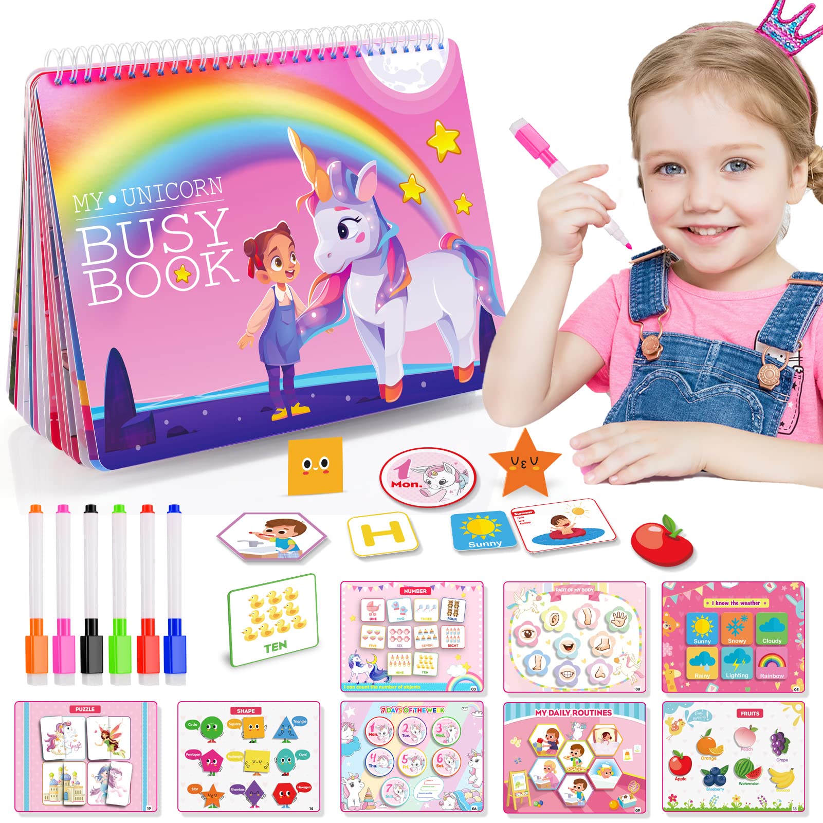 Gralal Unicorn Busy Book, Montessori Toys for 2 3 4 5 Year Olds Girl Toys Age 2 3 4 5 Year Old Girls Gifts Toddler Toys Unicorn Gifts for Girls Birthday Presents Age 3-5