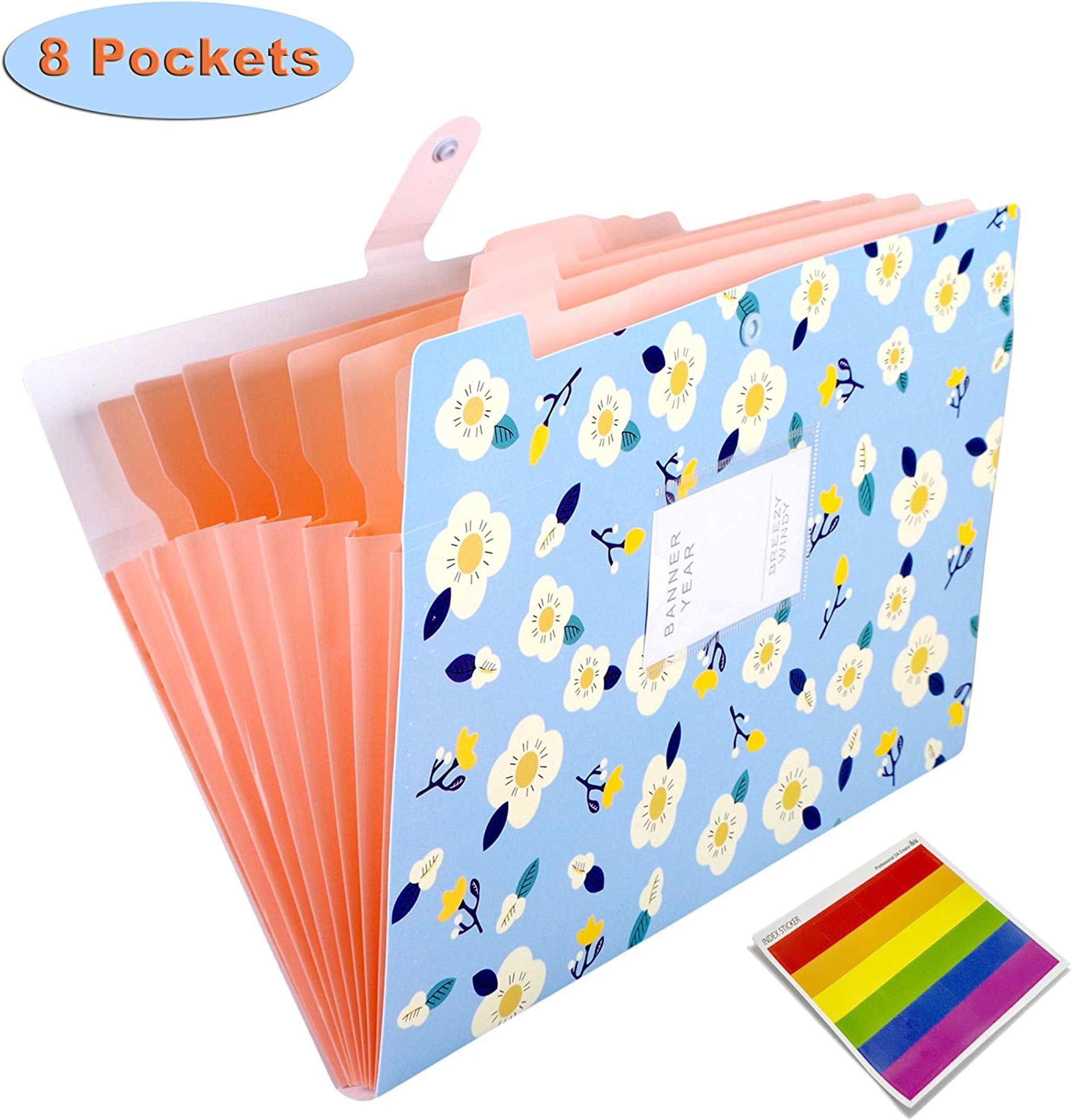 Expanding Files Folder 8 Pockets A4 Accordion File Organizer,Index Accordion Binder High Capacity Expanding Document Folder for Business Office Study(Flower Blue)