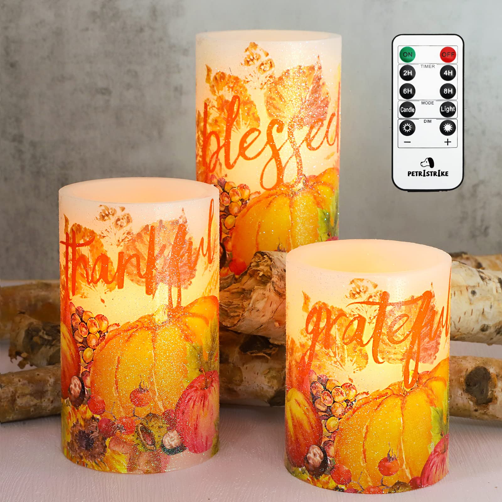Photo 1 of PETRISTRIKE Fall Decor Flameless Candles, Autumn Harvest Maple Leaf Pumpkin Led Candles, Battery Candle with Remote & Timer, Realistic Pillar Candle for Thanksgiving Decorations, Halloween, Party