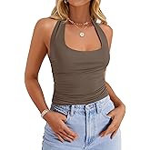 ZESICA Women's Halter Tank Tops 2025 Summer Scoop Neck Backless Shirts Slim Fitted Casual Ruched Sleeveless Tops