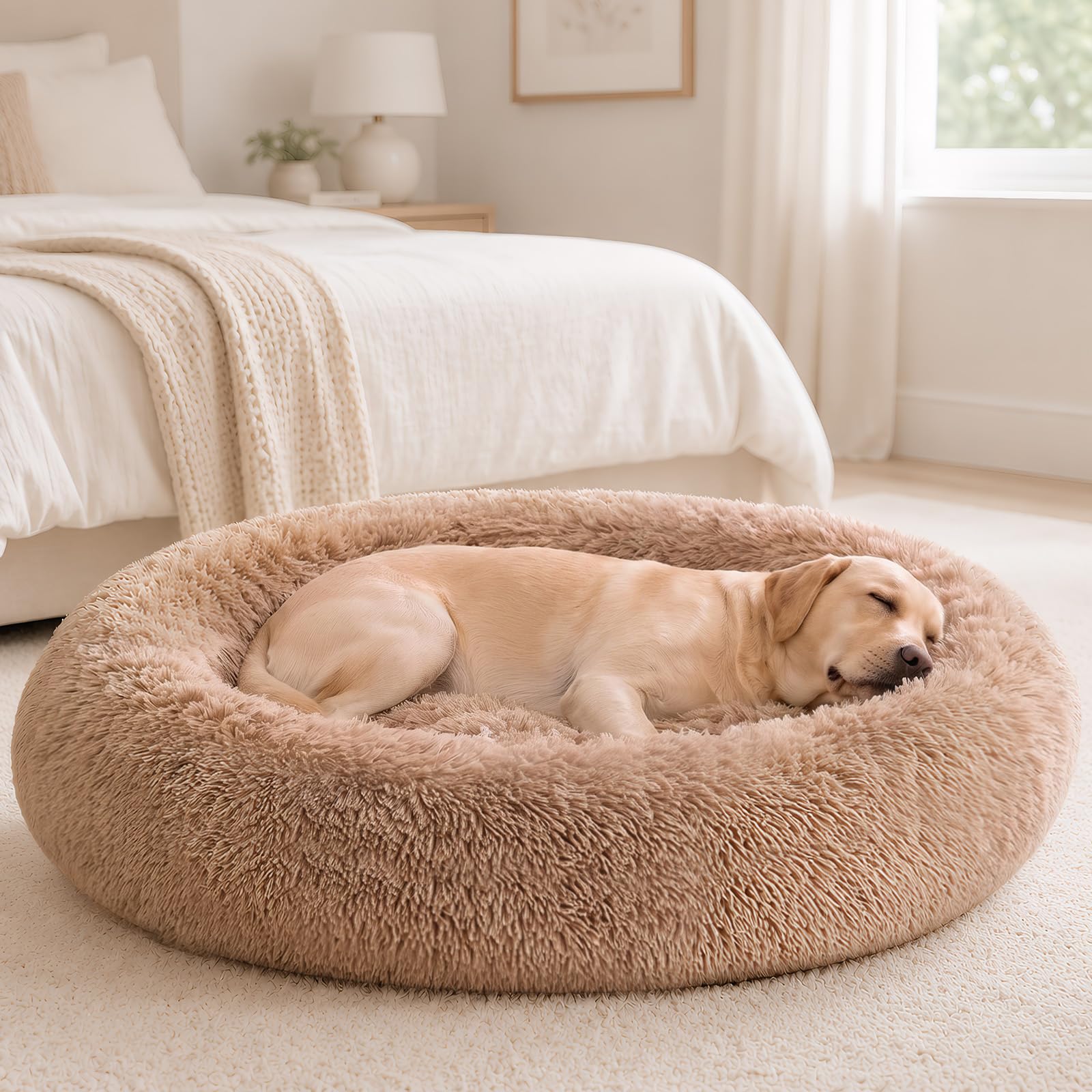 Sweetcrispy Large Dog Bed for Indoor, Calming Donut Bed for Dogs and Cats | Soothing Raised Rim, Plush Faux Fur, Non-Slip Wat
