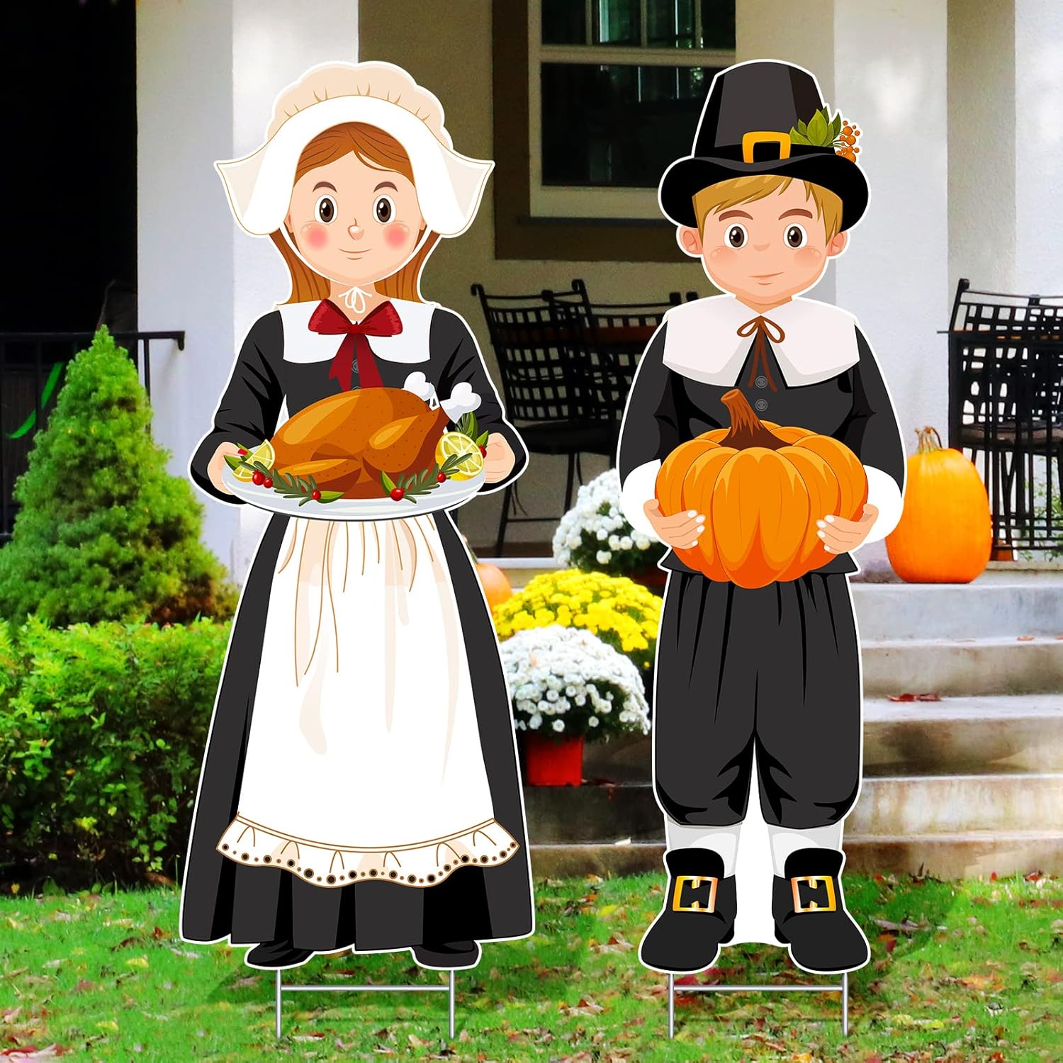 Yard Signs - Large Thanksgiving Pilgrim Yard Sign Pilgrim Boy Girl Pumpkin Turkey Happy Fall Yard Lawn Sign with H Stands for Autumn Thanksgiving Harvest Party Outdoor Supplies Decoration, 33 x 12.6 Inch