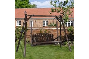 EPICOZY 2-Seat Porch Swing, Wooden Log Patio Swings Chair Bench with Stand, Rustic Hardwood Swing Chair with Curved Back, Wood Seating Porch Swings for Outside Yard, Garden, Deck, Poolside, Carbonized