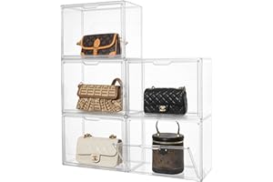Attelite Purse Organizer for Closet, 5 Pack Clear Acrylic Display Case,Handbag Organizer Storage Box with Magnetic Door, Stackable Storage Bins with Lid for Book, Collectibles, Cosmetic (XX-Large)