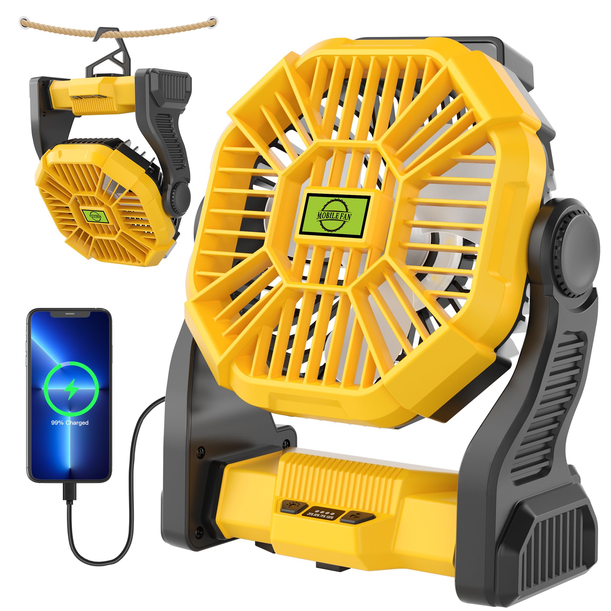 TDLOL Portable Camping Fan Cordless Battery Powered，270° Rotating Portable Battery Operated Rechargeable Fans, 360° Hanging Hook, USB Personal Outdoor Camping Fans for Tents,Travel X23 Yellow Image