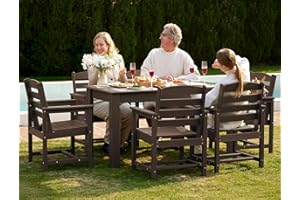 SERWALL Patio Dining Set for 6, Outdoor Dining Sets for 6 Person with 1 Umbrella Hole Cut-Out Rectangular Table and 6 Chairs, HDPE Dining Sets for Garden, Backyard, Poolside, Coffee